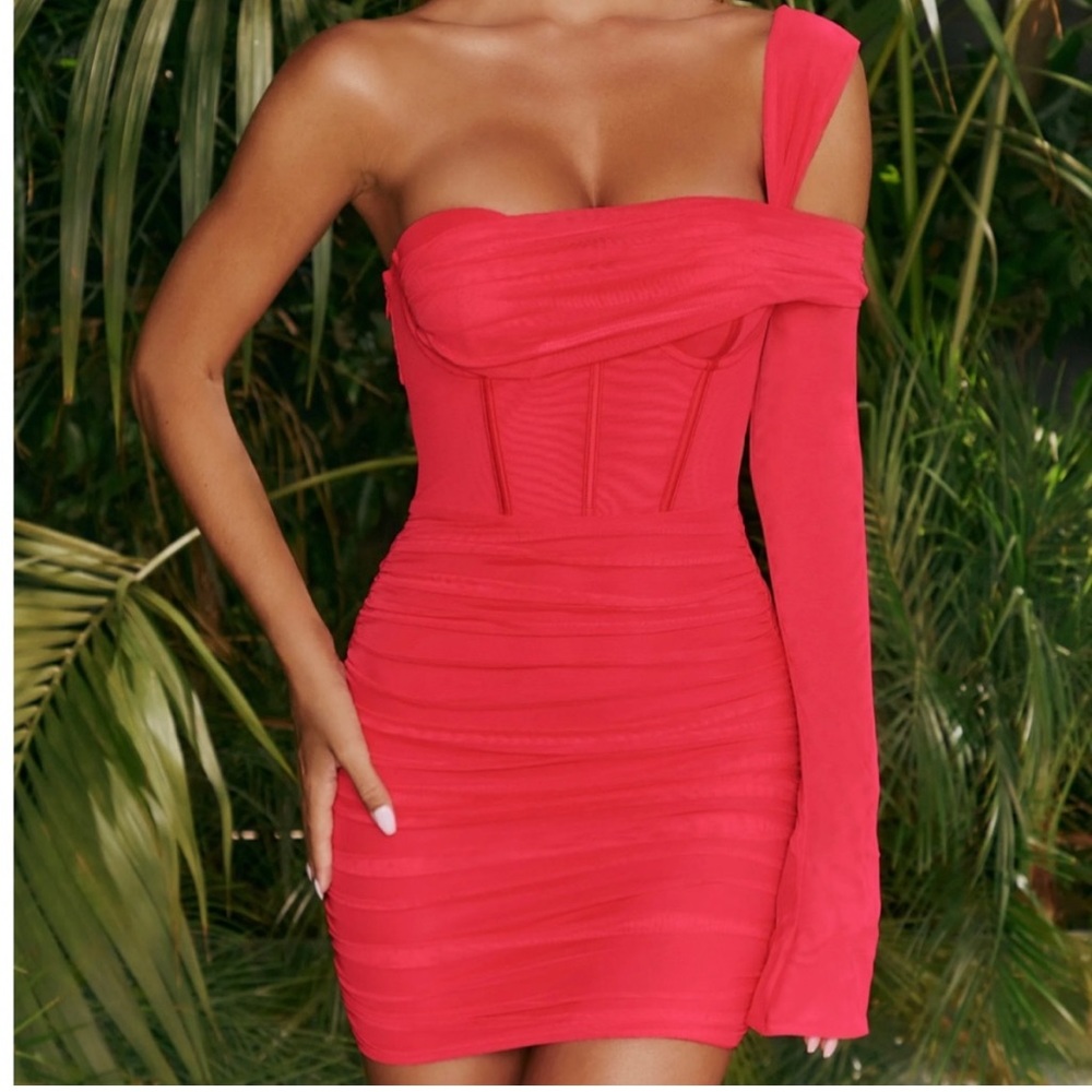Oh Polly Mesh Asymmetric Off Shoulder Mini Dress